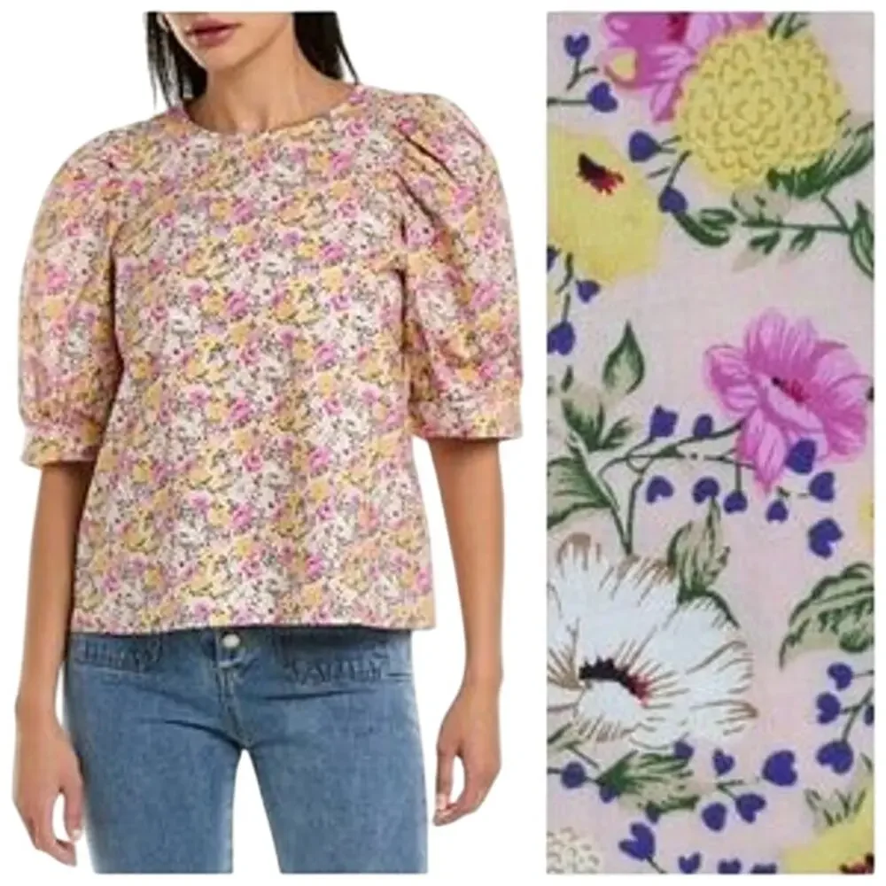 En Saison Top Women M Pink Floral Puff Sleeve 100% Cotton Spring Modest Cottage